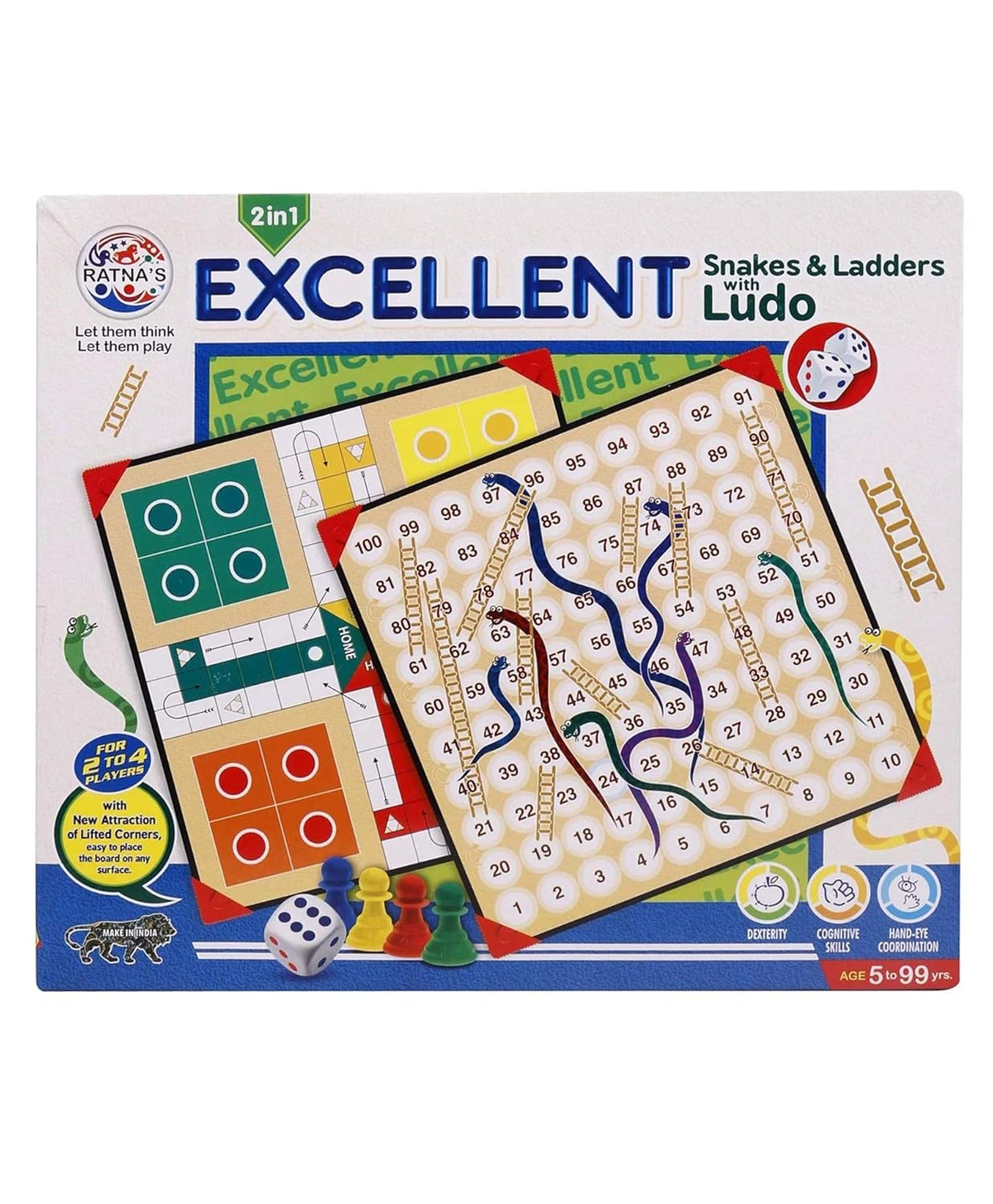 Board game packaging with snakes and ladders and Ludo, featuring colorful graphics and text.