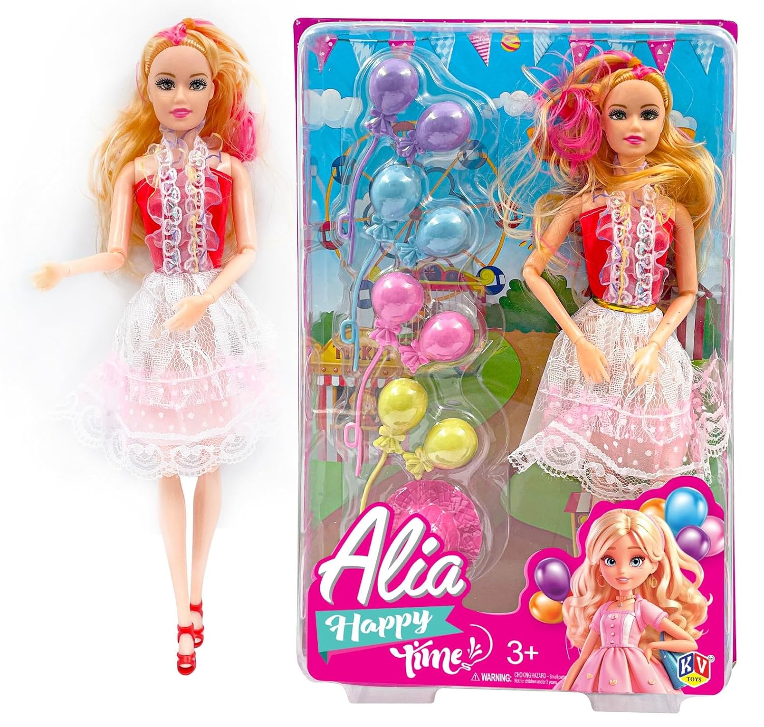 Toy doll with packaging featuring balloons and 'Alia Happy Time' branding.