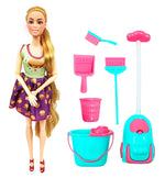 Barbie doll with cleaning tools on a white background