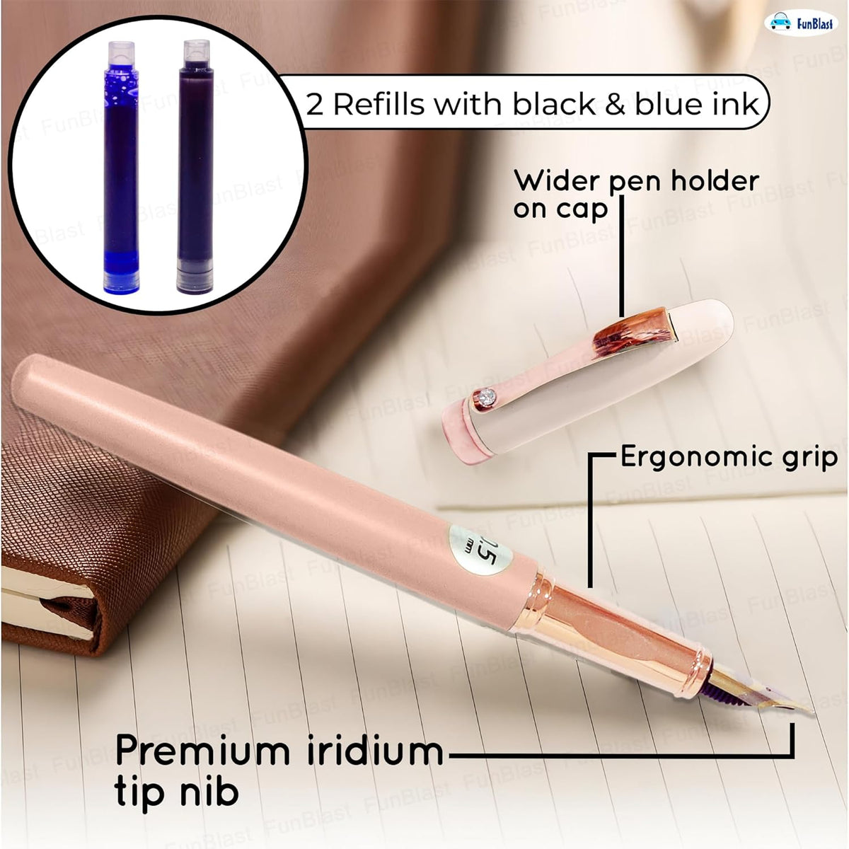 Rose gold pen with features highlighted on a notebook background