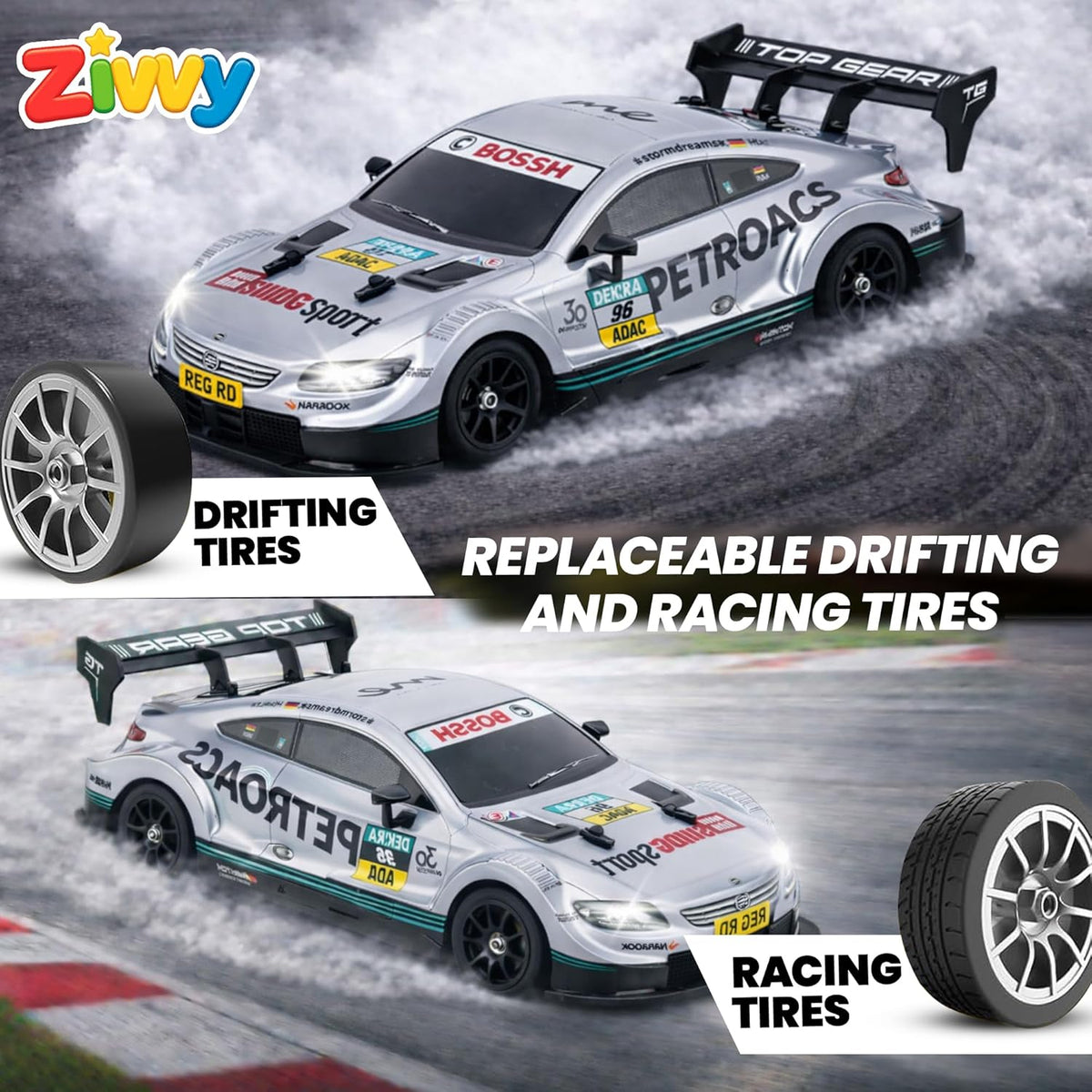 Model car with drifting and racing tires on a track, featuring the Ziwvy brand.
