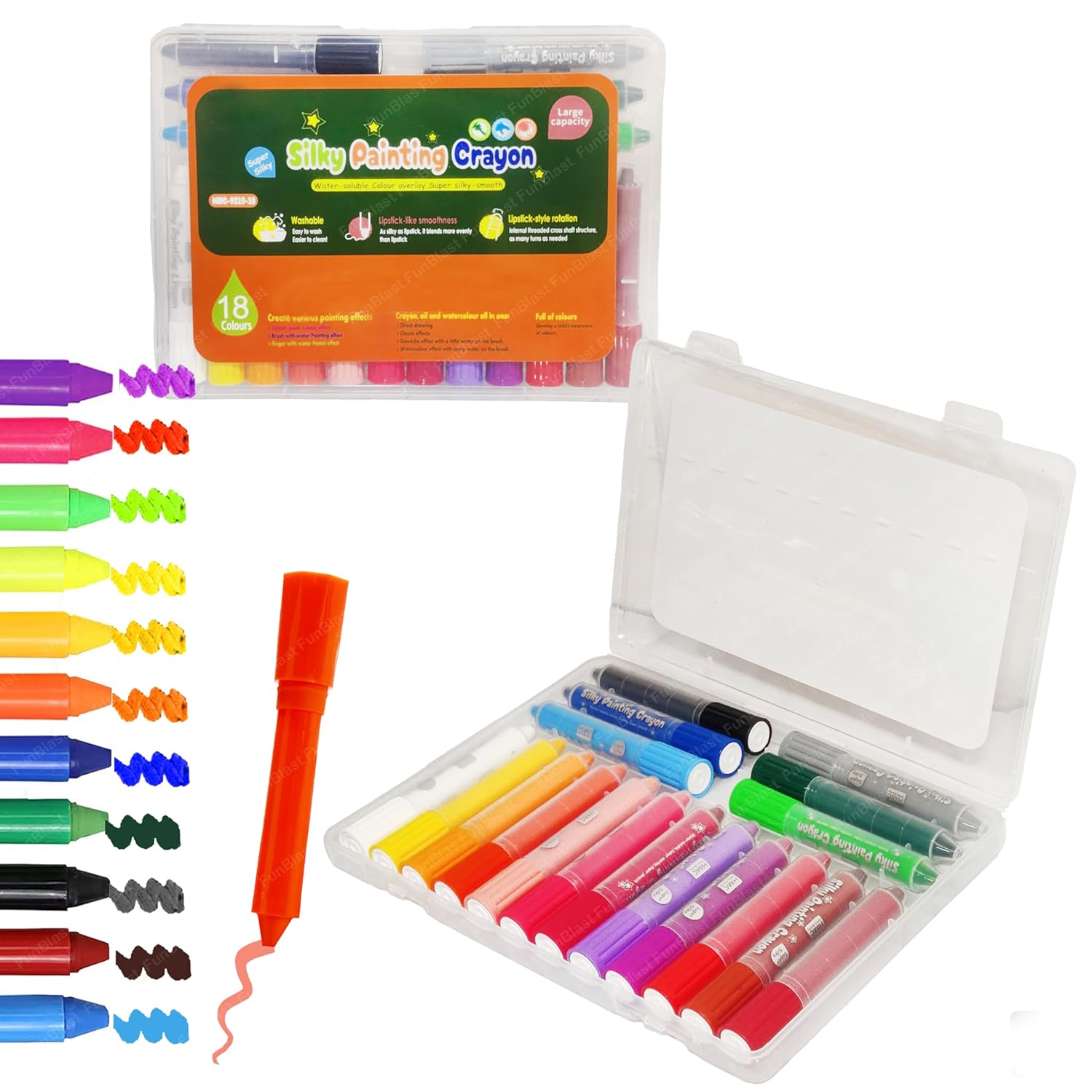 Set of colorful slinky painting crayons with open case on a white background
