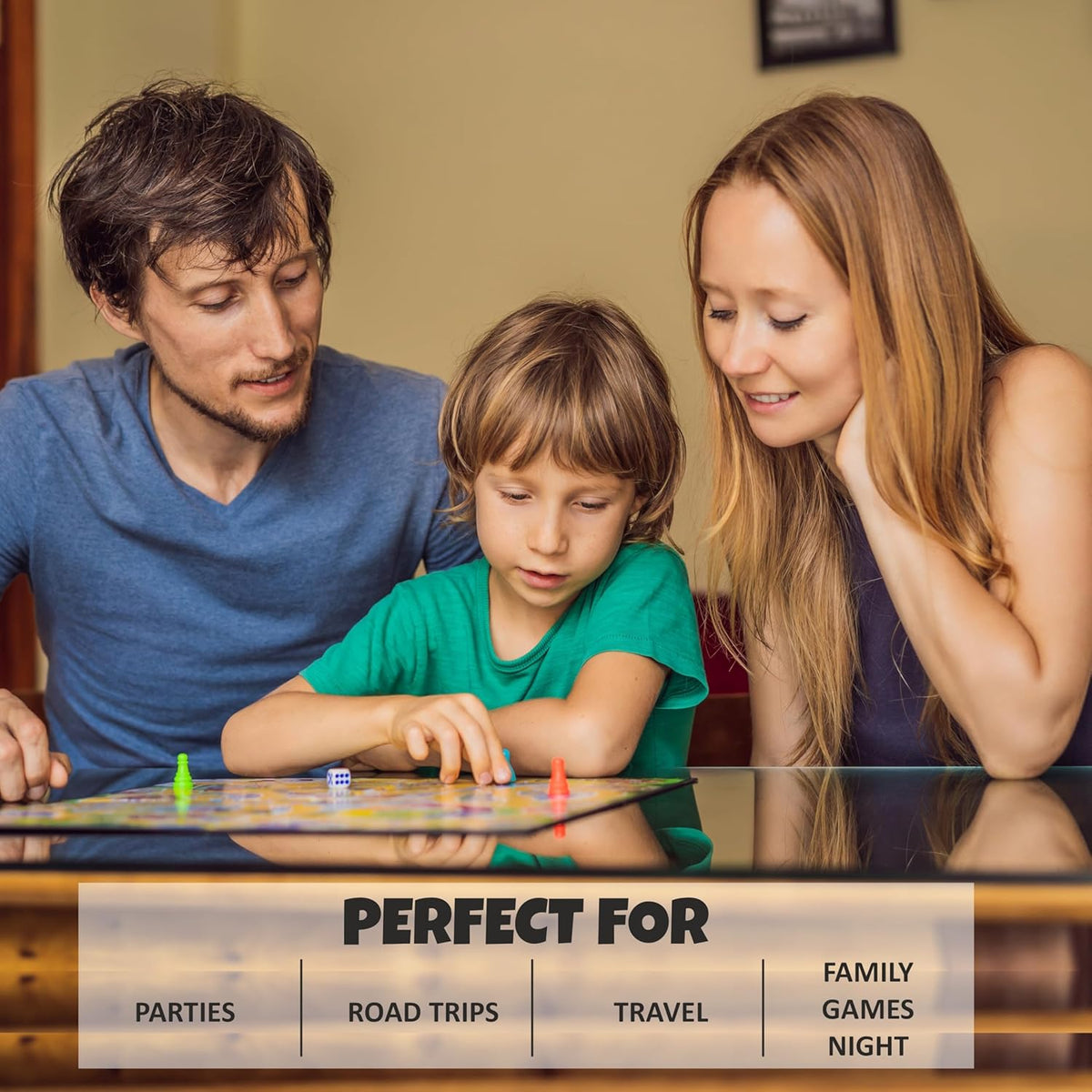 Family playing a board game together with text 'Perfect For' at the bottom.