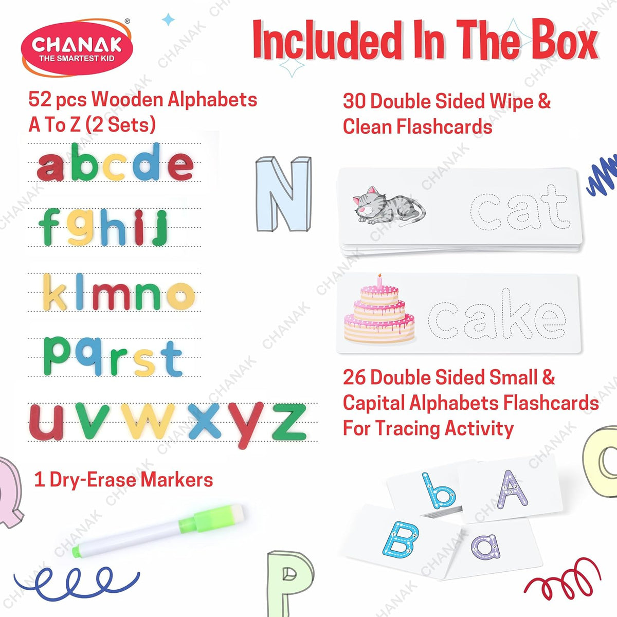 Educational product packaging with wooden letters, flashcards, and markers on a white background.