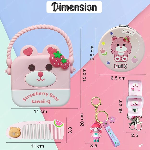Pink bear-shaped product with measurements on a colorful background