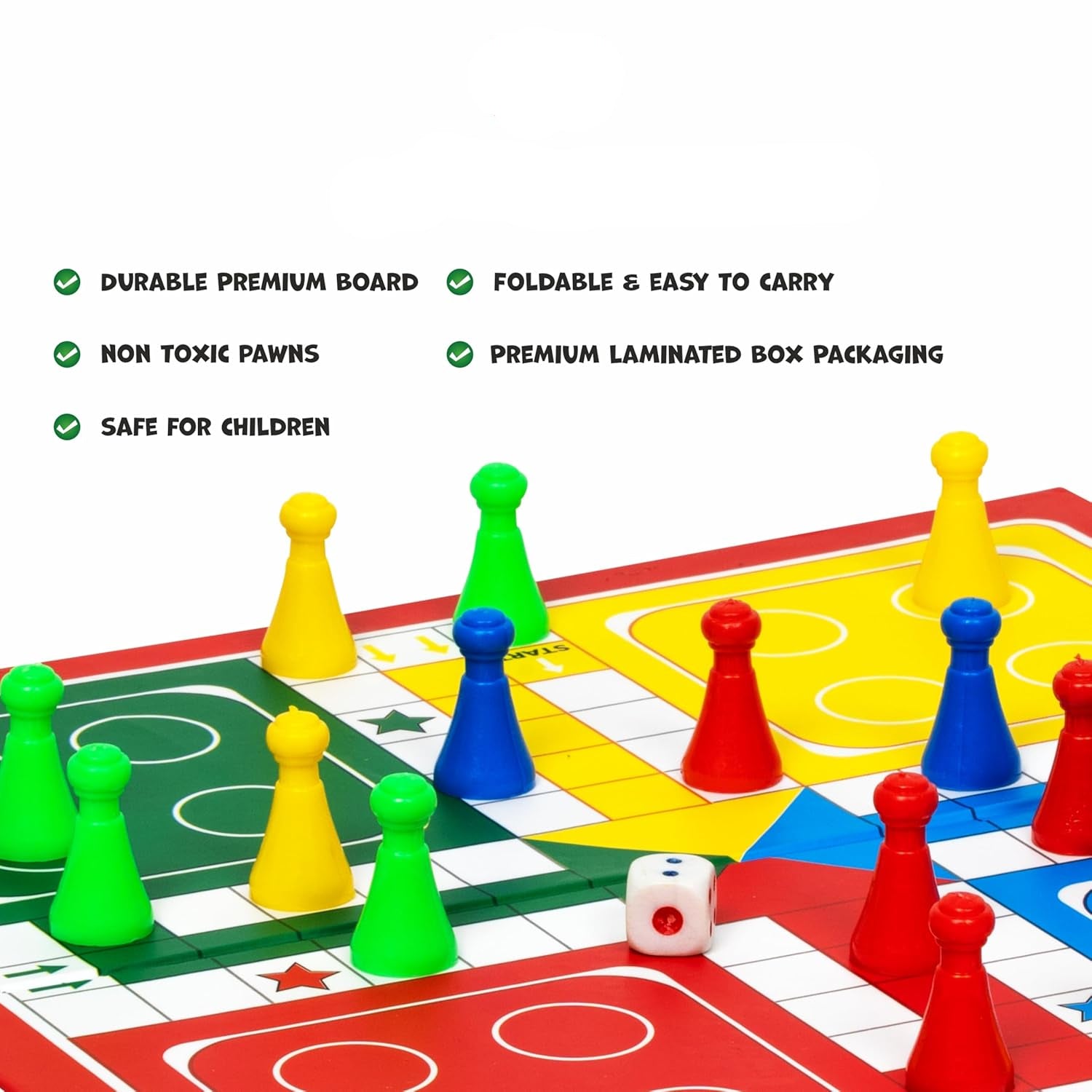 Board game with colorful pieces and a dice, featuring Ankit Toys & Games branding.