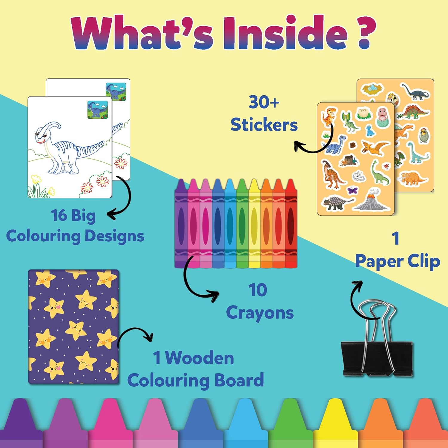 Product packaging with illustrations of items included: 16 coloring designs, 30+ stickers, 10 crayons, 1 wooden coloring board, and 1 paper clip.