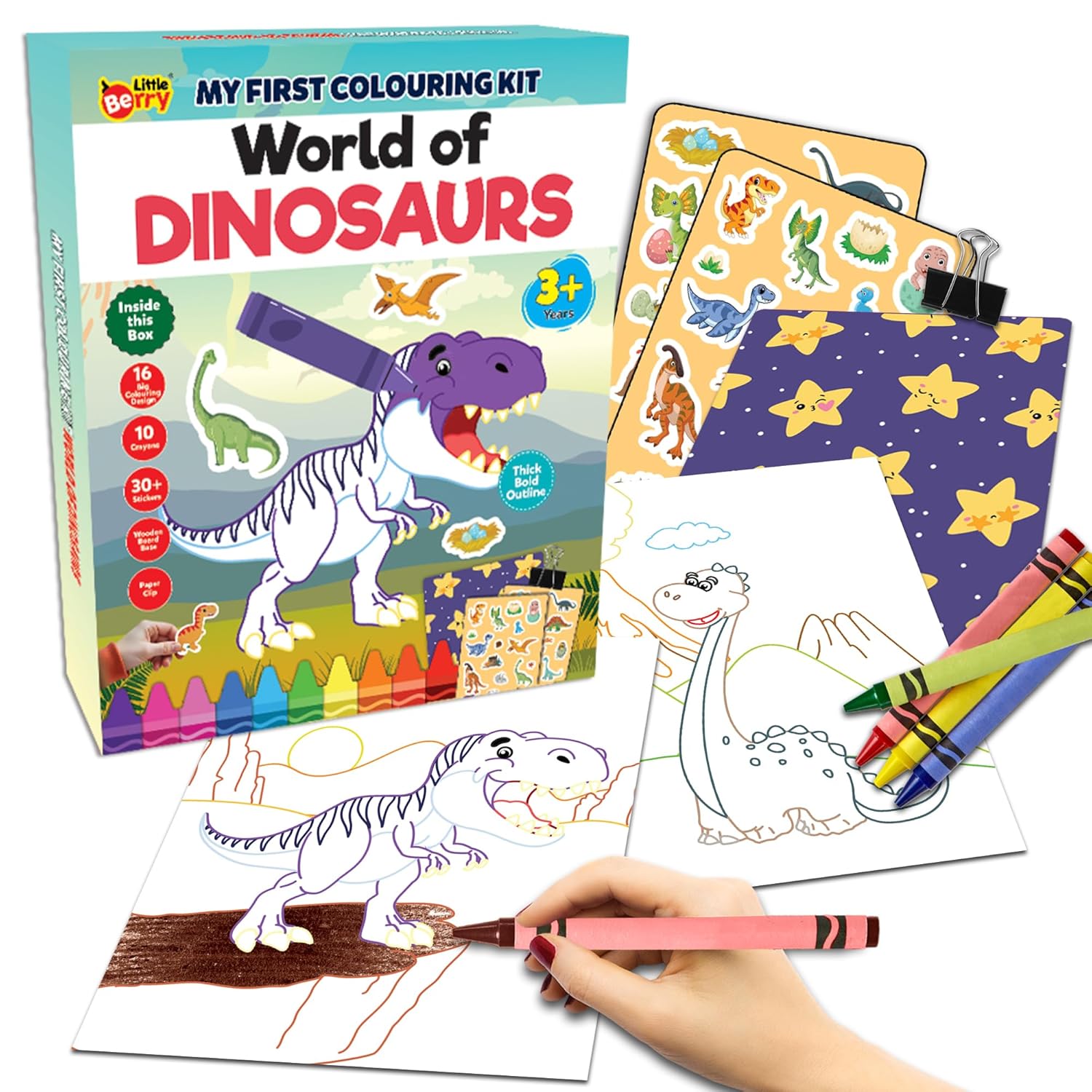 Dinosaur coloring kit with coloring book, crayons, and coloring sheets on a white background