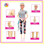 Toy doll with articulation points highlighted on a white background