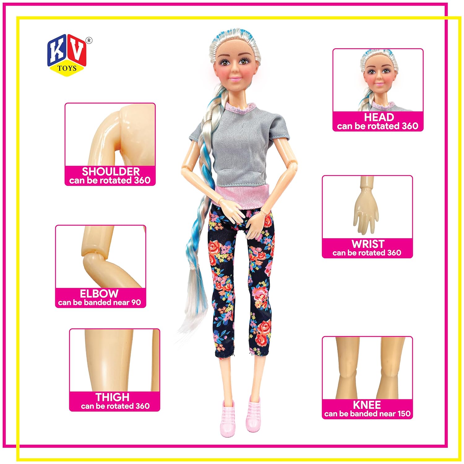 Toy doll with articulation points highlighted on a white background