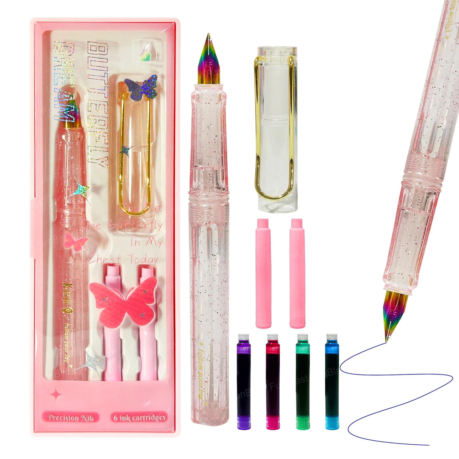 Set of stationery items including pens, ink cartridges, and a pink case on a white background