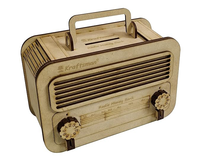 Wooden model of a radio with 'Kraftsman' branding on a white background