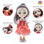 Toy doll with red checkered dress and gray hair, surrounded by close-up details on a white background.