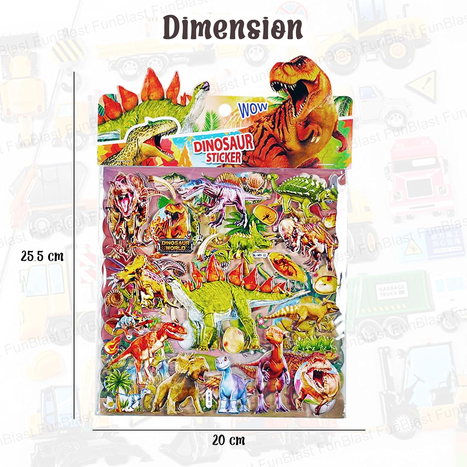 Dinosaur sticker pack with dimensions on a white background