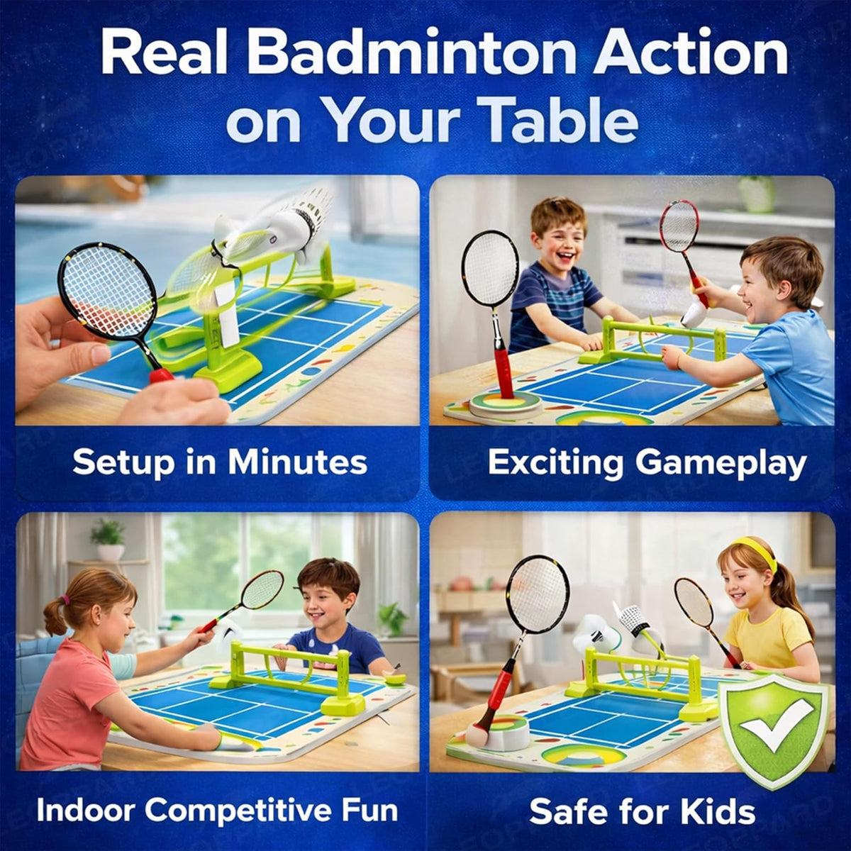 Tabletop badminton set with children playing, setup in minutes, exciting gameplay, indoor competitive fun, and safe for kids.