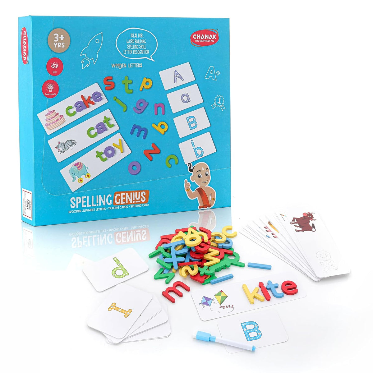 Spelling Genius educational toy set with magnetic letters and cards on a white background