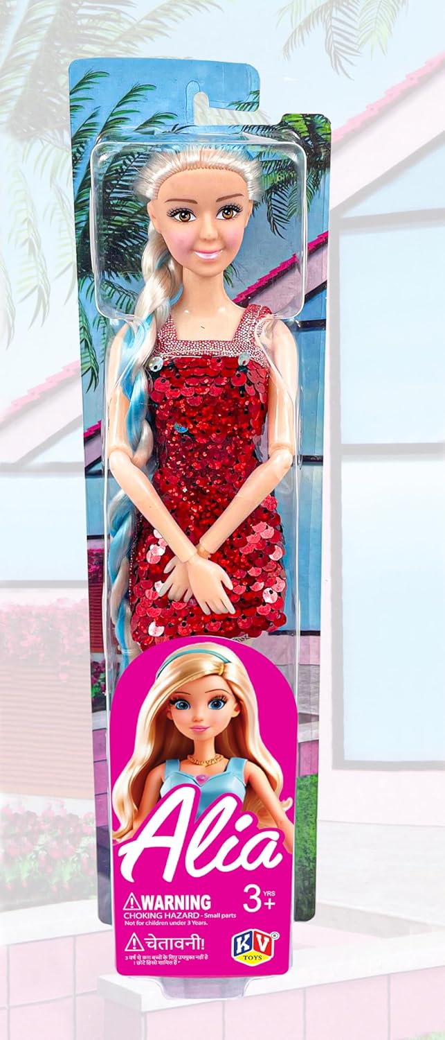 Barbie doll in a red dress with packaging on a white background