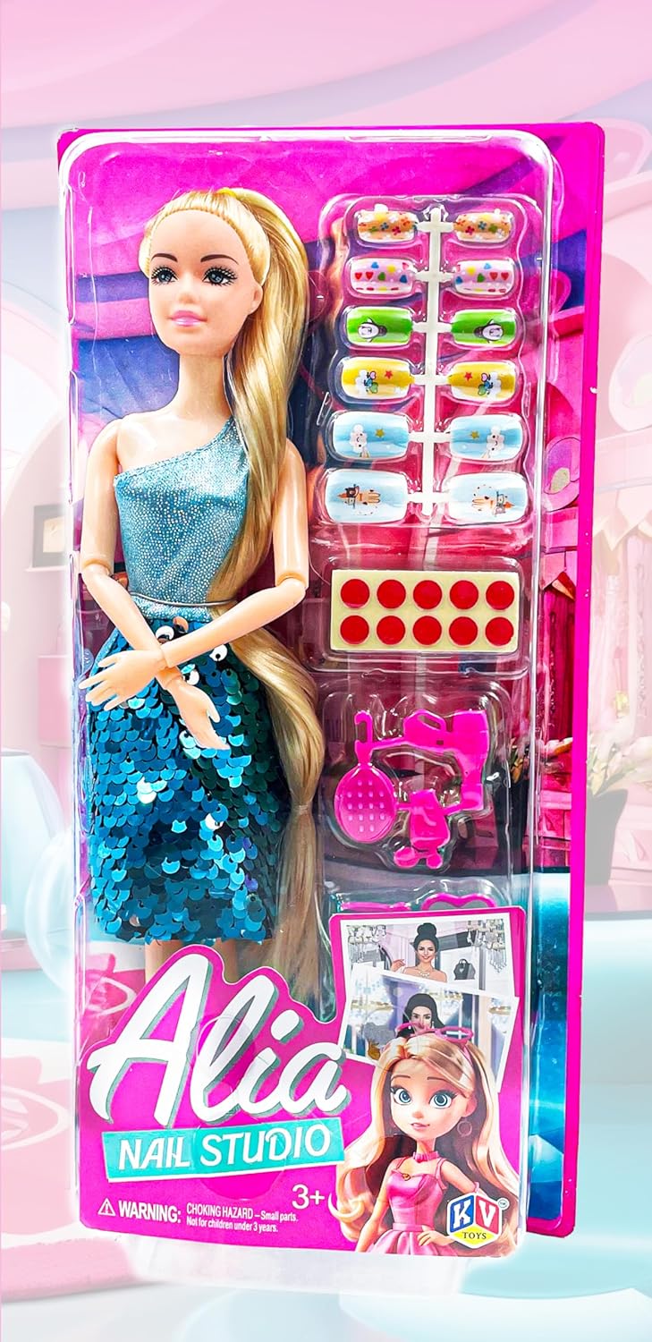 Toy doll with blue dress and accessories in packaging, featuring the brand 'Alia'.
