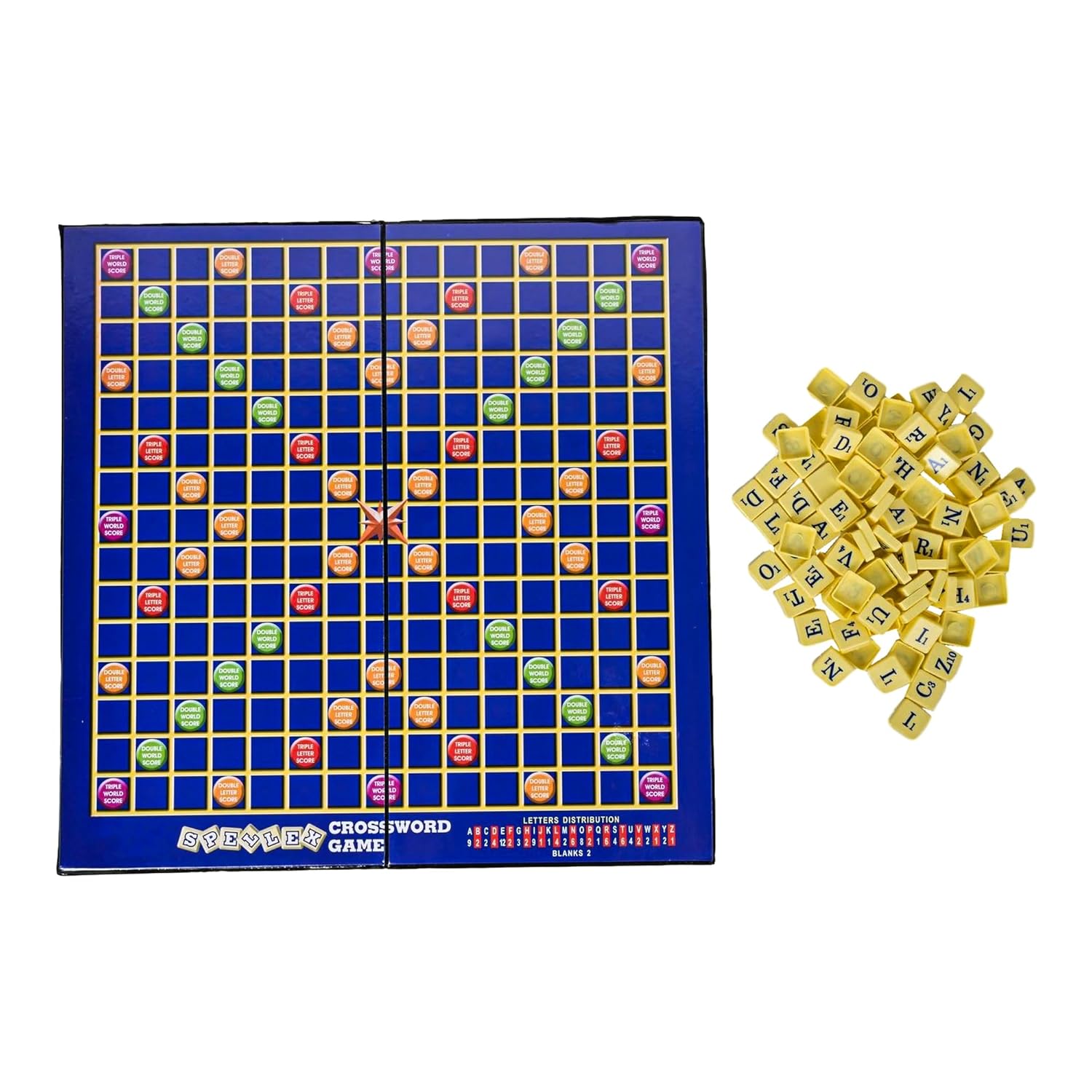 Scrabble board game with letter tiles on a white background
