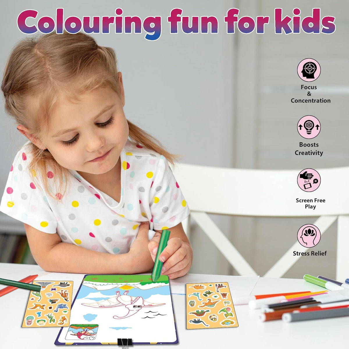 Child coloring with a tablet, surrounded by coloring books and markers, with text 'Colouring fun for kids' and benefits listed.
