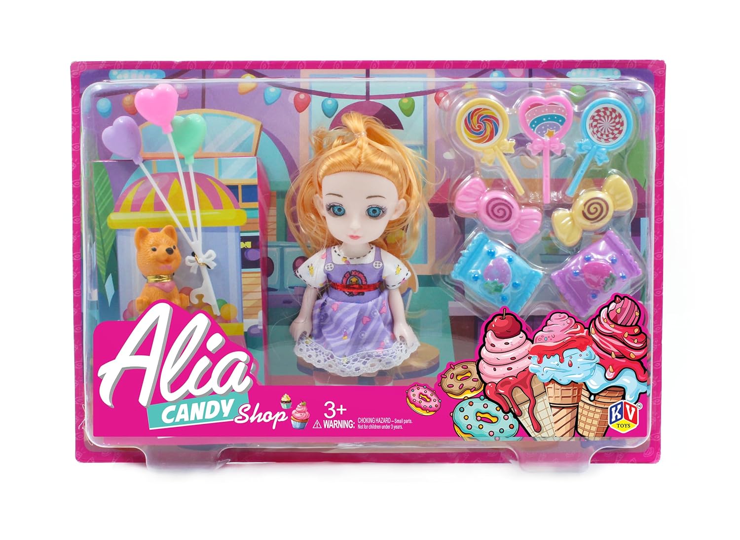Toy set with a doll and accessories in a colorful box, featuring the brand 'Alia'.