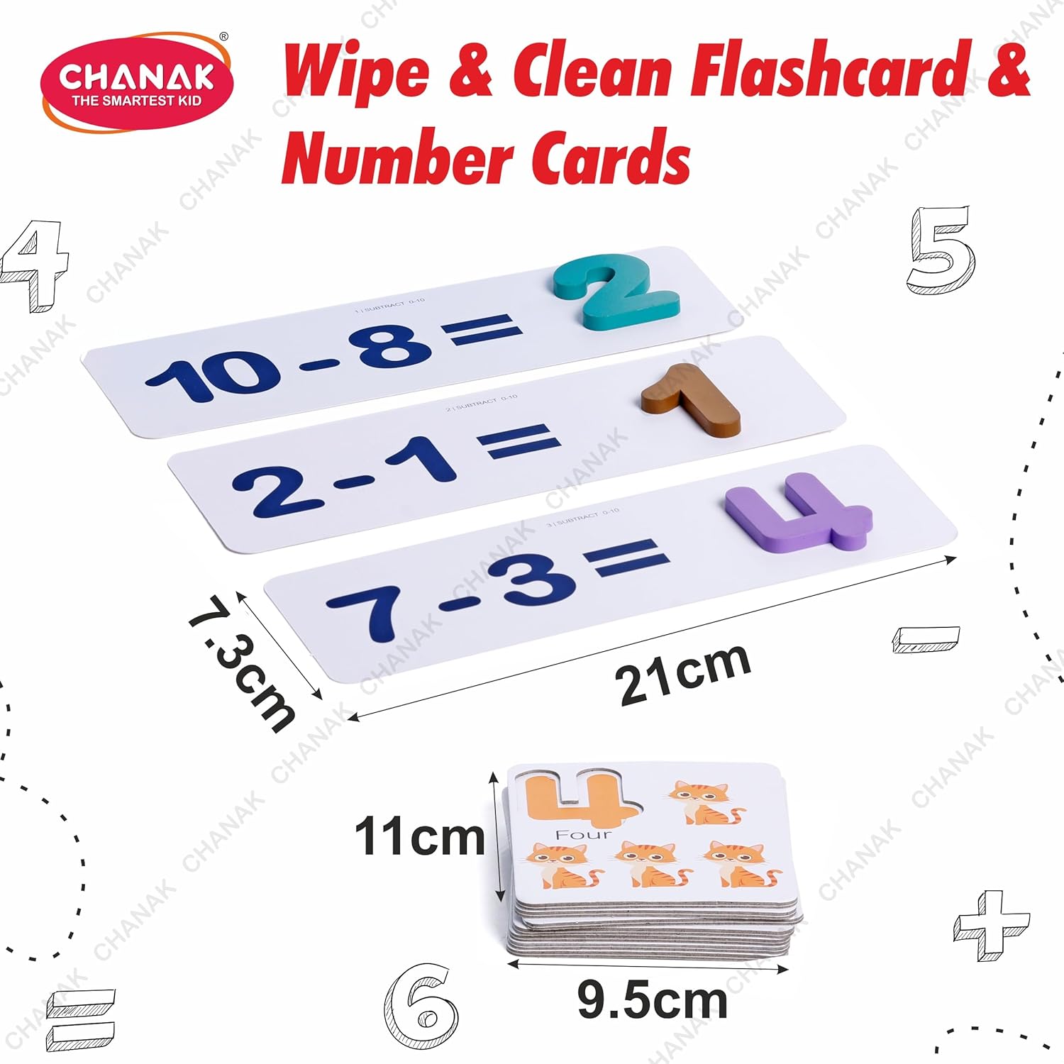 Wipe & Clean Flashcard & Number Cards with dimensions and branding details.