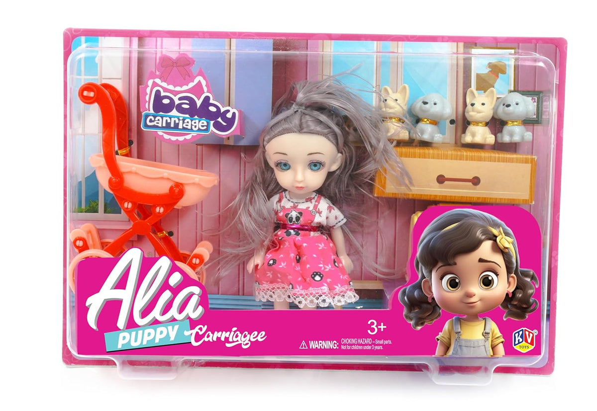 Toy packaging with a doll and toy figures, featuring the brand 'Alia'.
