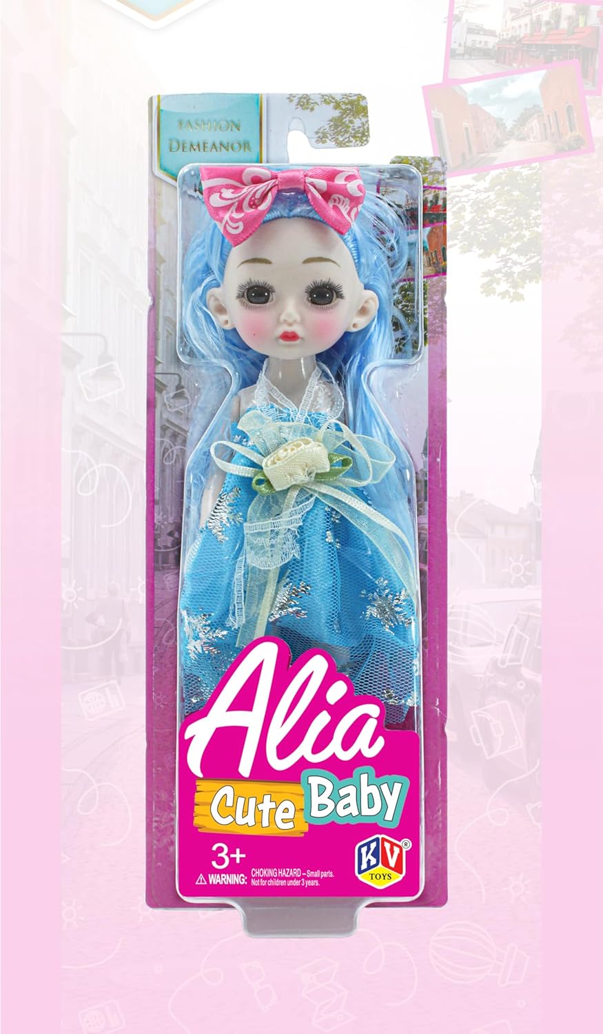 Toy doll in packaging with 'Alia Cute Baby' branding on a pink background