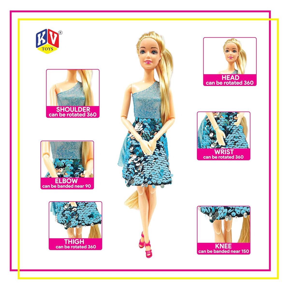 Toy doll with a blue dress on a white background, featuring BV Toys branding.