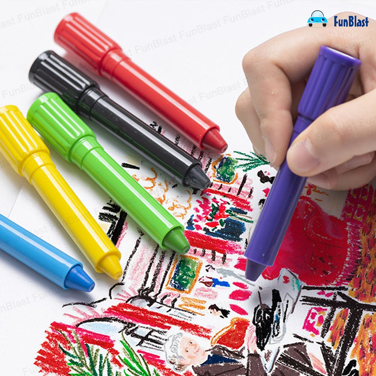 Colorful markers on a drawing with a hand holding a purple marker.