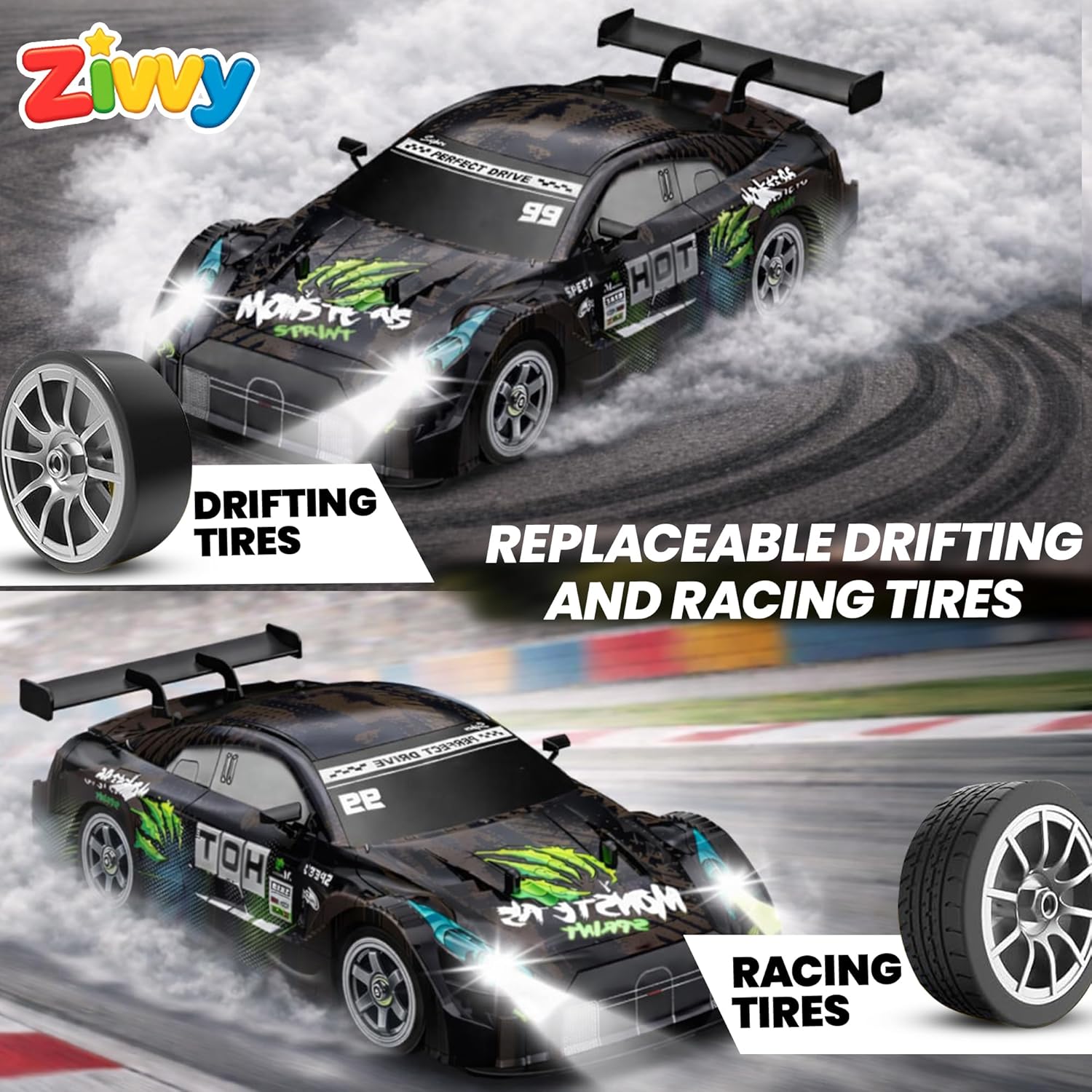 Model racing car with drifting and racing tires on a track, featuring the Ziwvy brand.