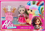 Toy packaging with dolls, a rainbow-colored plush toy, and small animals on a colorful background.