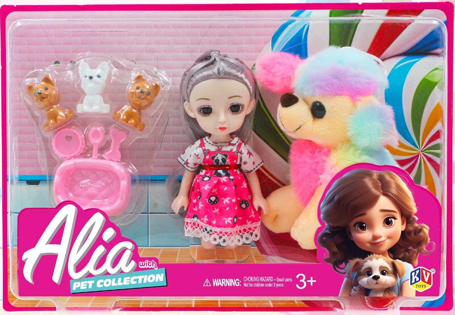 Toy packaging with dolls, a rainbow-colored plush toy, and small animals on a colorful background.
