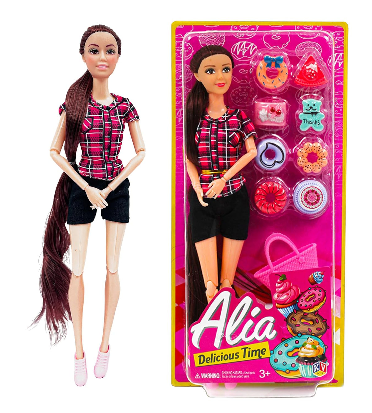 Toy doll with packaging featuring the brand 'Alia' on a white background