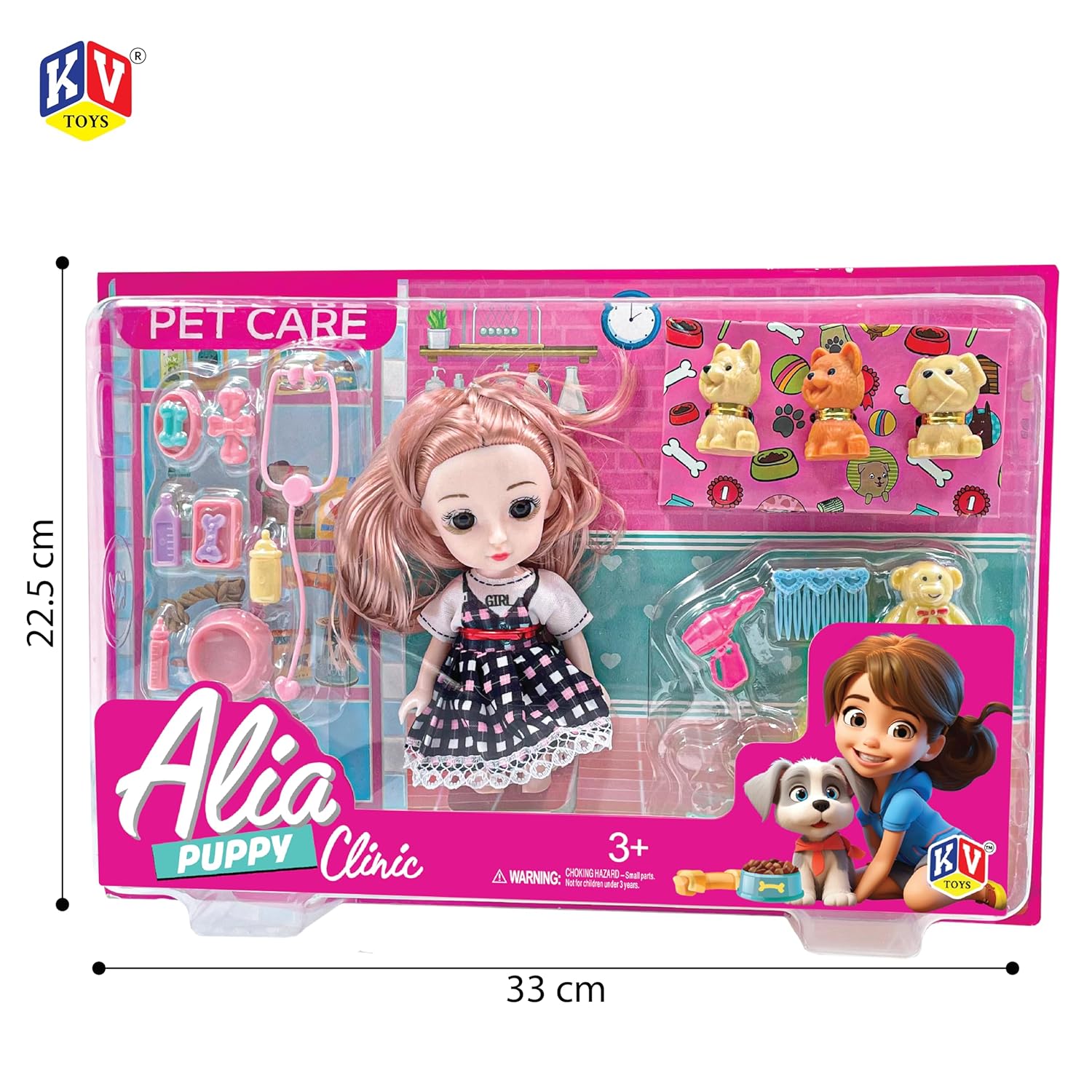 Toy set packaging for 'Alia Puppy Clinic' with a doll and pet accessories, featuring BV Toys branding.