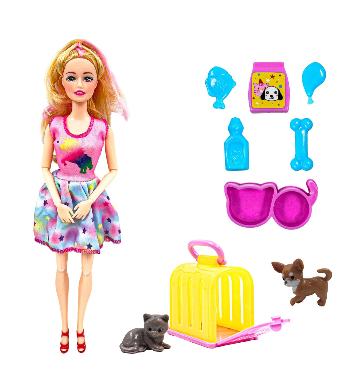 Barbie doll with pet carrier, pets, and accessories on a white background