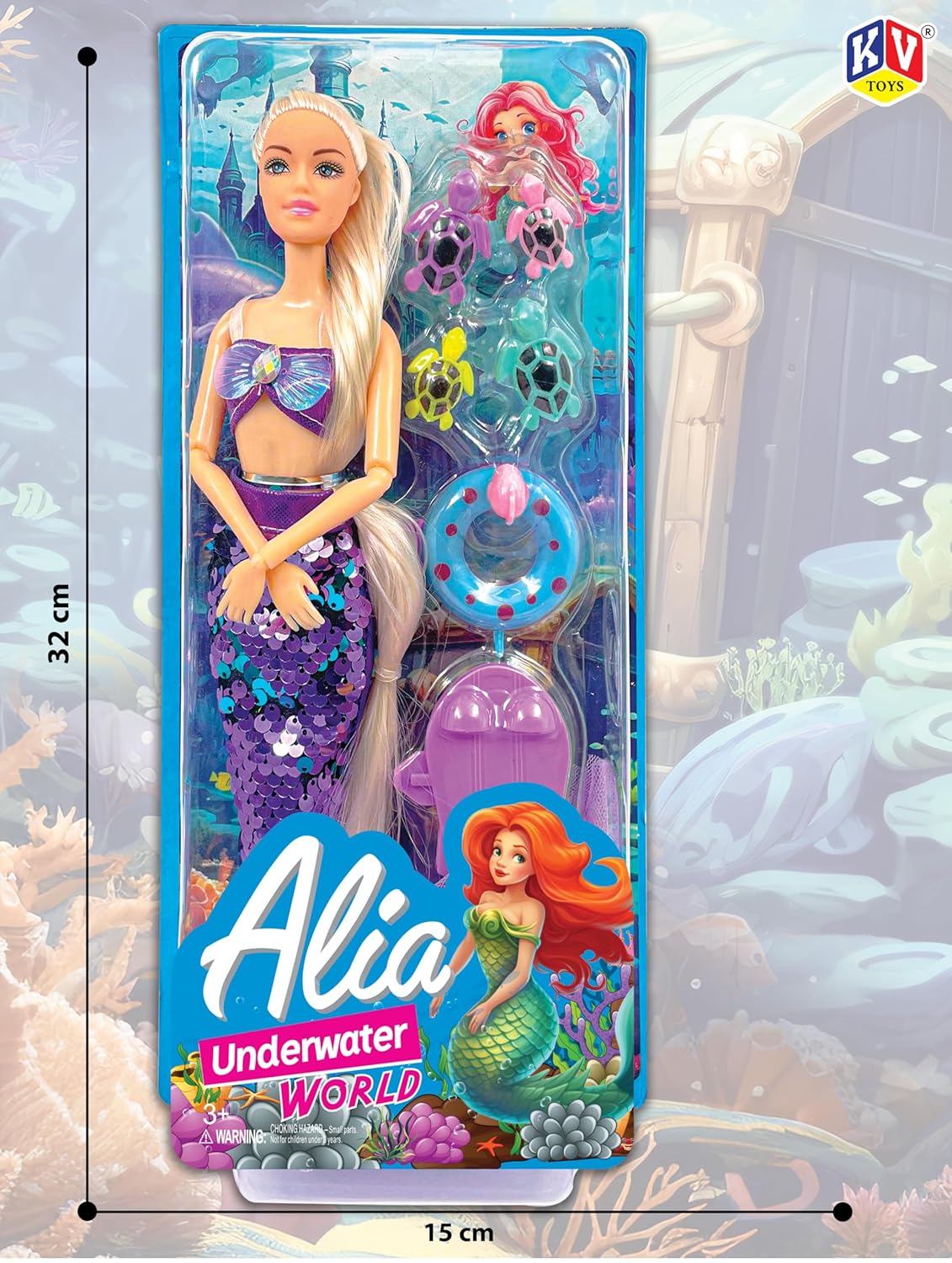 Mermaid doll packaging with 'Alia Underwater World' branding and measurements.