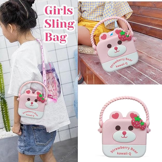 Pink Strawberry Bear sling bag with a child wearing it and close-up shots on a wooden surface.