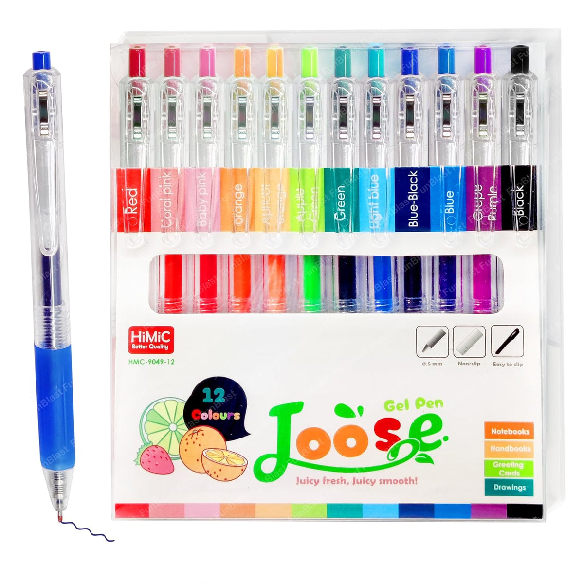 Set of 12 colorful gel pens with packaging displaying brand name and color names.