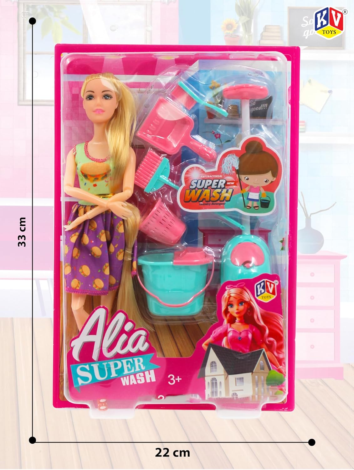 Toy packaging with a doll and cleaning accessories, featuring the brand 'KV'.