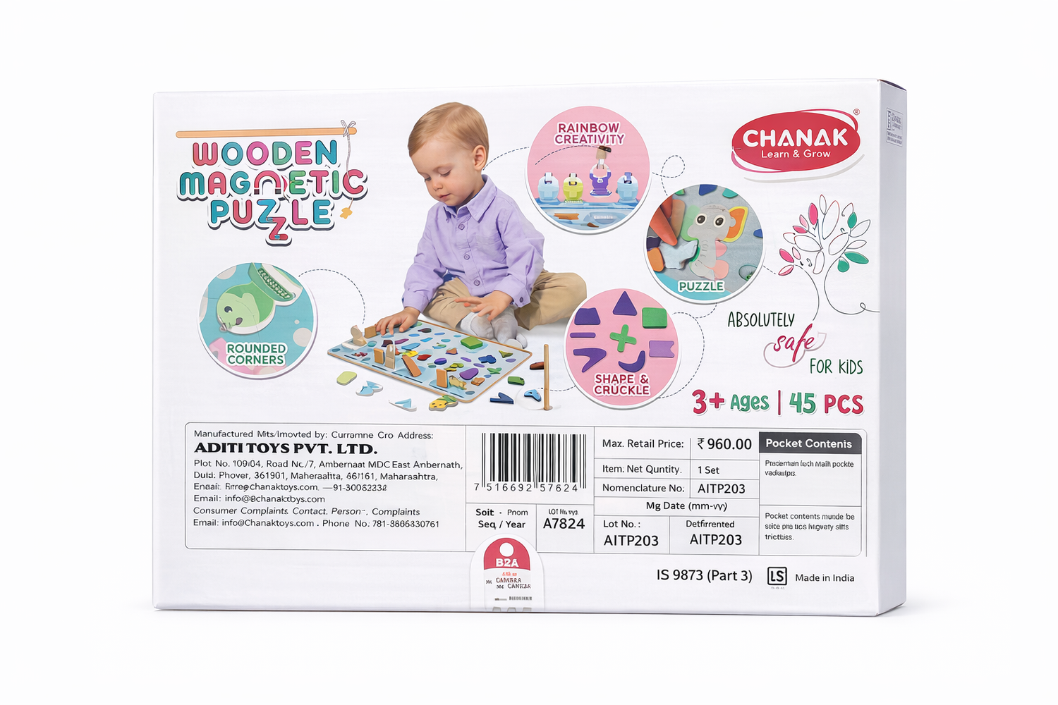 Chanak wooden magnetic puzzle packaging with a child playing with the puzzle on a white background