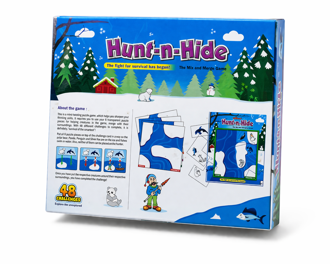 Box of 'Hunt-n-Hide' game with winter scene illustration