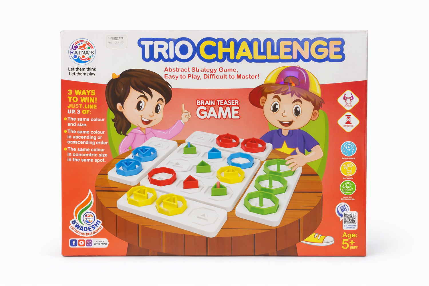 Box of Trio Challenge game with two children playing on a table