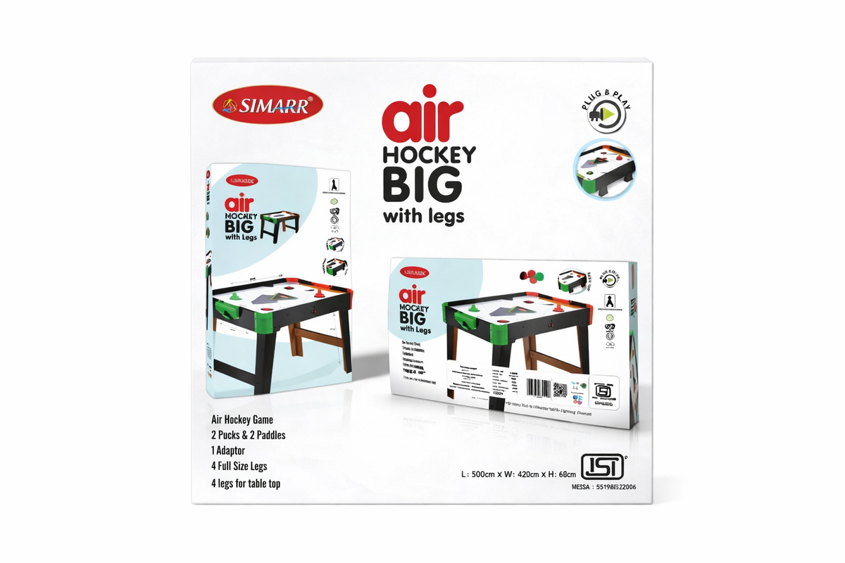 Simarr air hockey table packaging with illustrations of the product on a white background