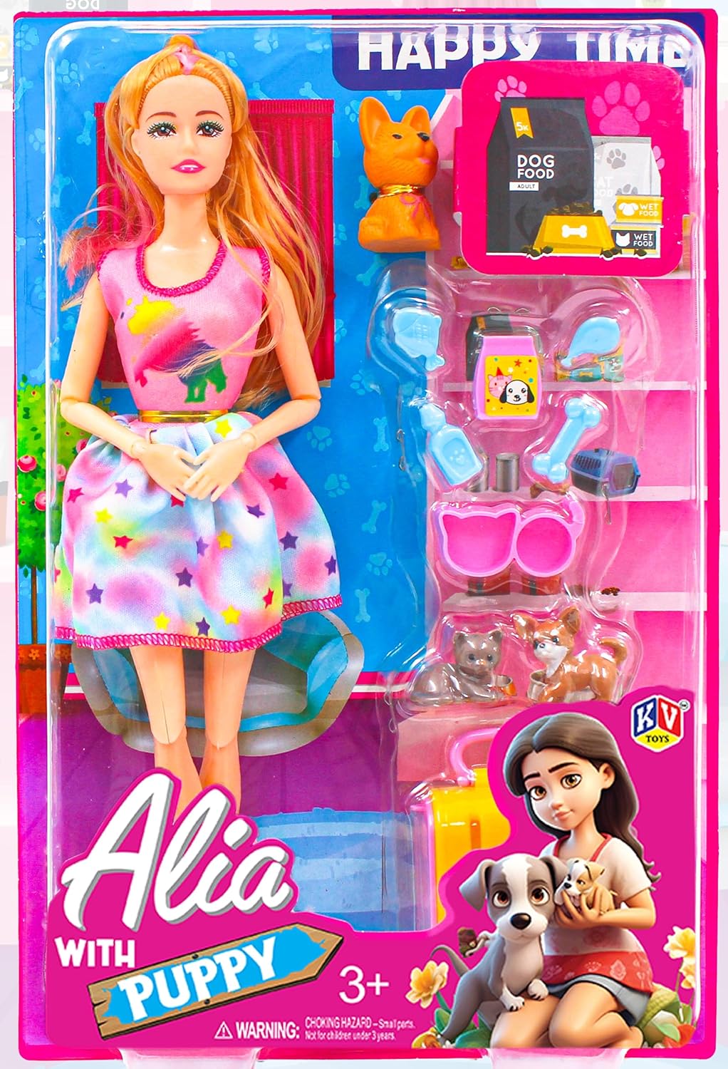 Toy packaging featuring a doll with a colorful dress and a puppy, alongside additional toys and accessories.