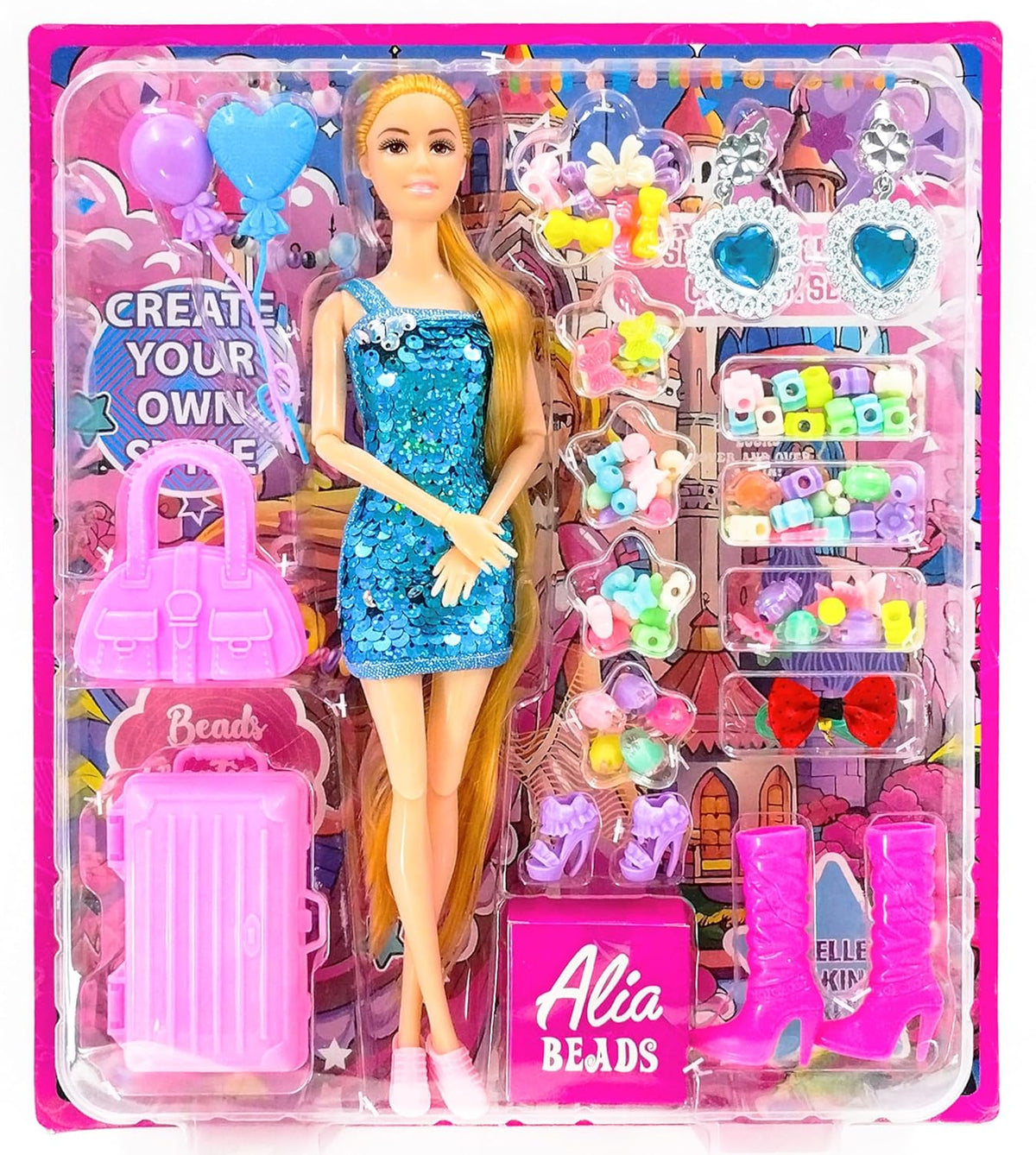 Barbie doll with accessories in a colorful packaging