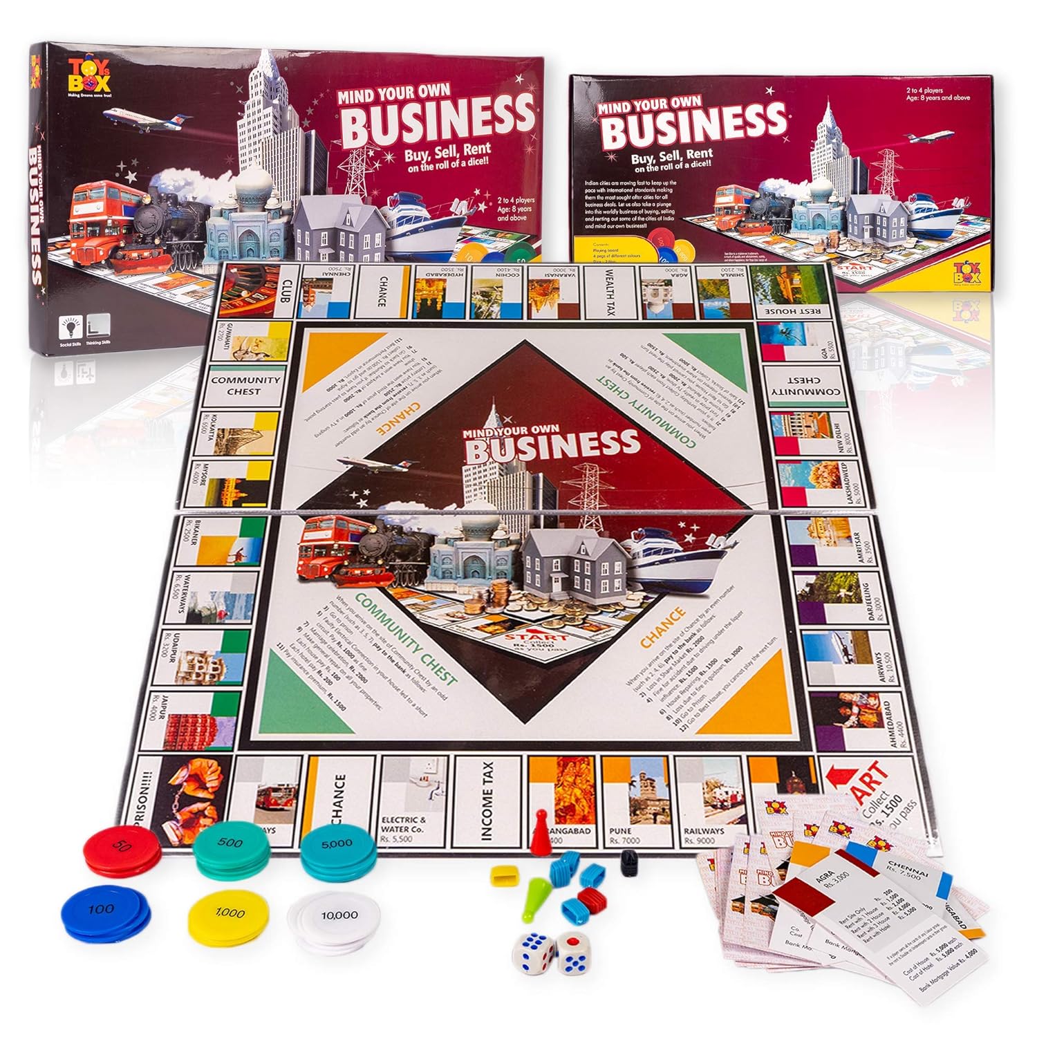 Board game set with 'Mind Your Own Business' theme, including board, pieces, and cards on a white background.