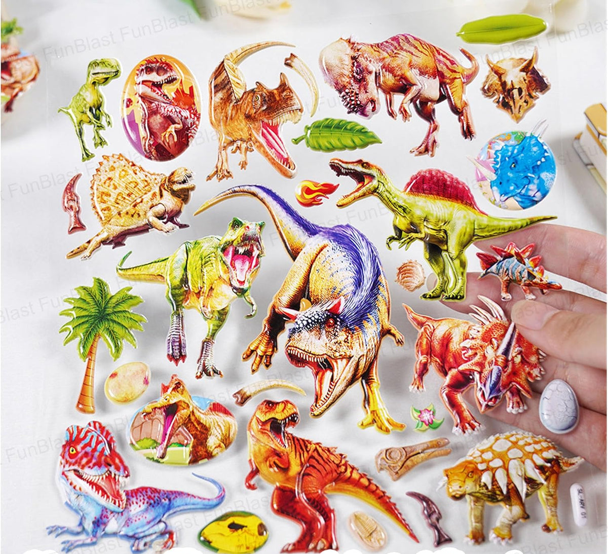 Colorful dinosaur stickers on a white background with text 'Clear pattern and bright color'.