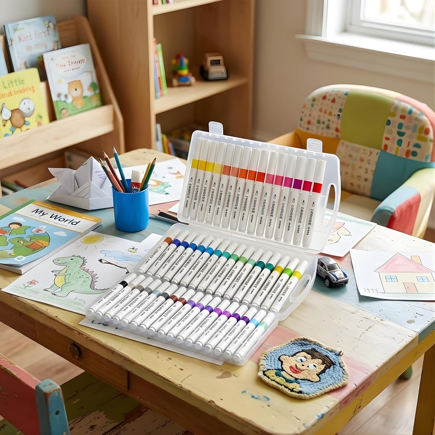 Coloring set on a child's desk with coloring books and crayons