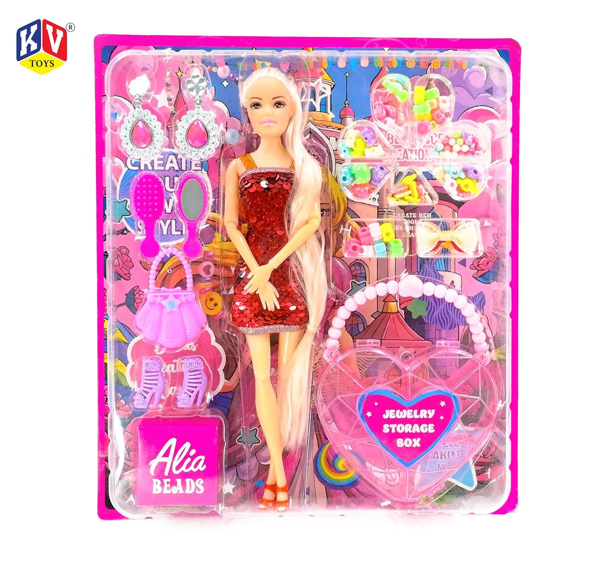 Toy doll with accessories in colorful packaging, featuring the brand 'Alia Beads'.